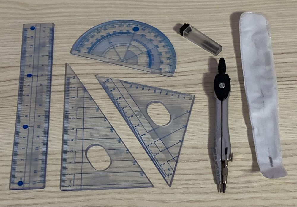 Zestaw geometryczny 5 elementów/cyrkiel/linijka/kątomierze/2 ekierki