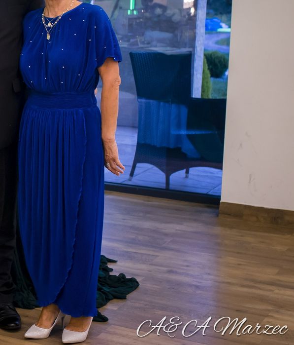 Chabrowa niebieska sukienka suknia maxi rozcięcie plisowana M L