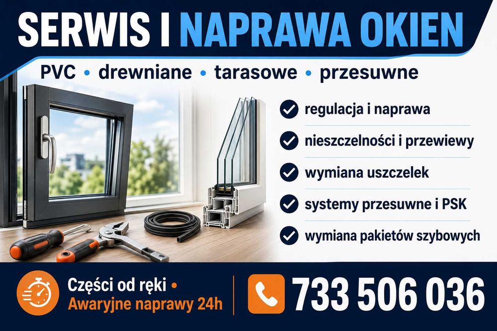 Serwis i naprawa okien PVC drewnianych tarasowych przesuwnych 24H/7
