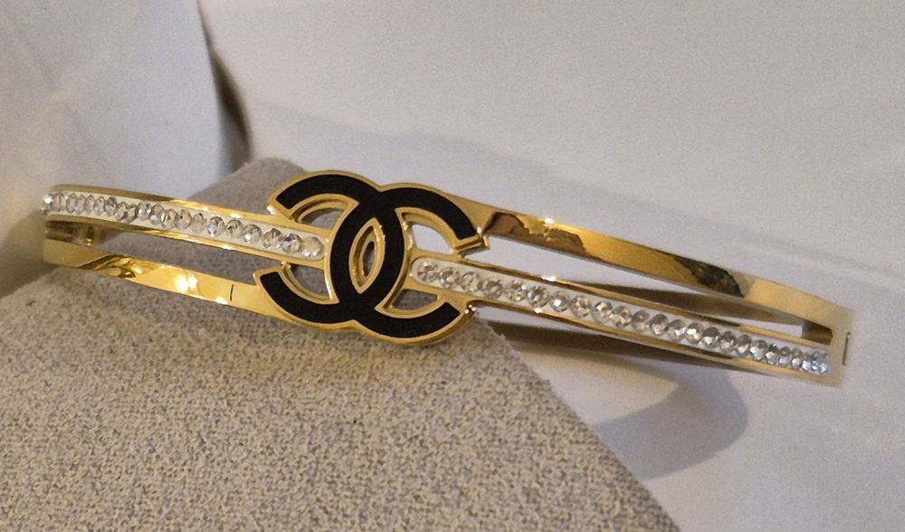 Złota bransoletka cc kryształki, stal nierdzewna lv ysl