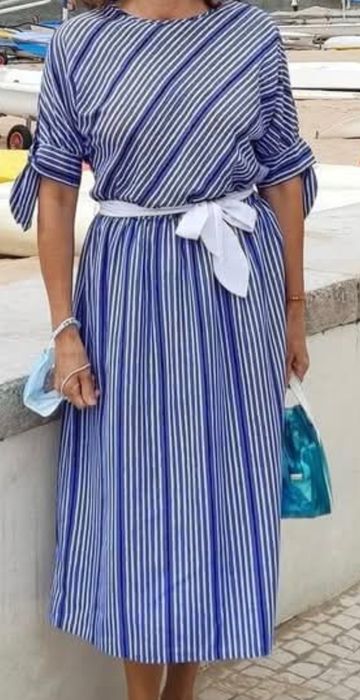 Lindo Vestido Midi Às Riscas (Azul e Branco) – Como Novo!