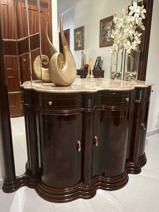 Móvel hall entrada em madeira com pedra e espelho