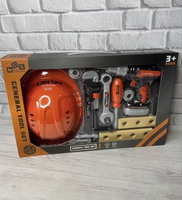 Дитячий набір інструментів з дрилем на батарейках та каскою