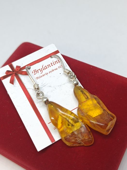 Srebrne kolczyki wiszące z cytrynowym bursztynem, srebro próby 925