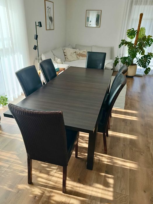Sprzedam stół rozkładany 90x160-210 z 6 krzesłami / kolor venge, skóra