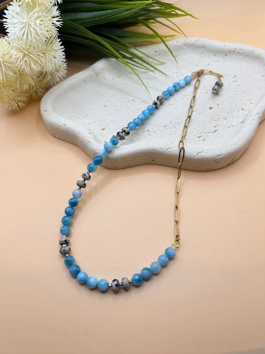 Naszyjnik handmade ~ larimar ~ jaspis dalmatyński ~ hematyt ~ stal