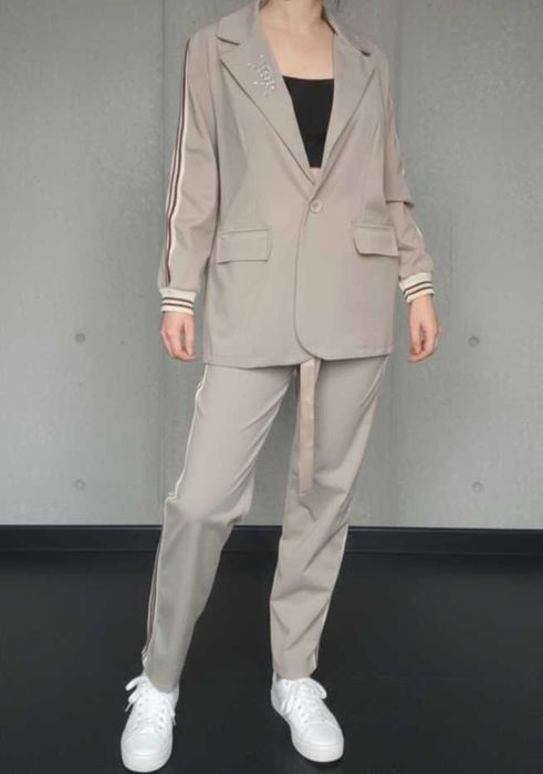 Komplet dresowy elegancki żakiet spodnie miejski fango beżowy m 38