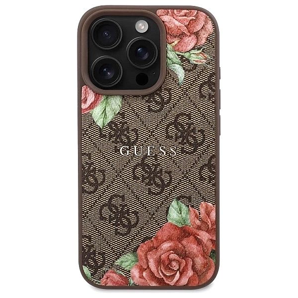 Etui Guess 4G Flowers Print MagSafe na iPhone 16 Pro 6.3" - brązowe