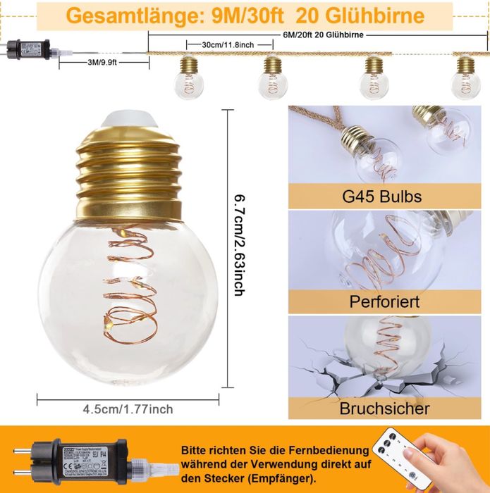StarryEver Girlanda świetlna sterowana pilotem 9m 20 żarówek