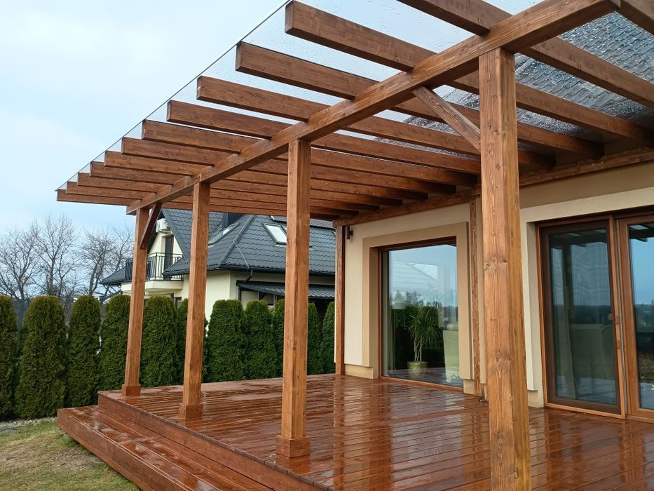 Taras drewniany, zadaszenie tarasu, altana, pergola