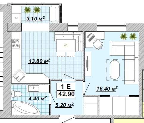 Центр, 1-кімн.,Кухня-вітальня, + окрема кімната,43м.кв., Княгинин
