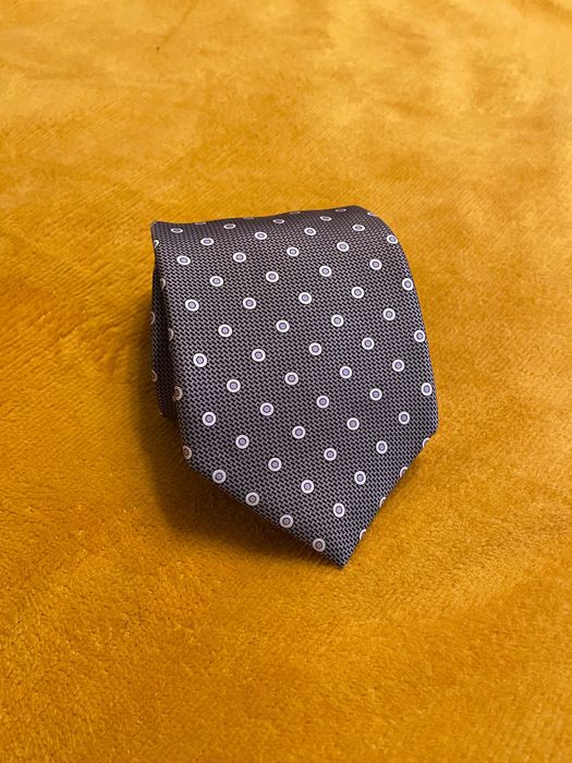 Krawat szary niebieskie białe koła silk jedwab Marks & Spencer