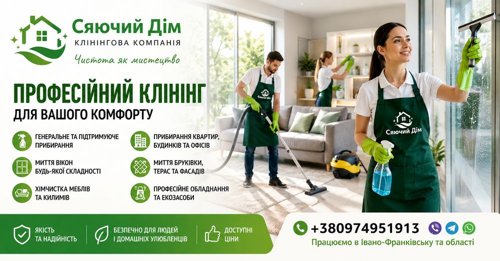 Прибирання•Клінінг• Хімчистка килимів та м'яких меблів• Миття бруківки та терас•