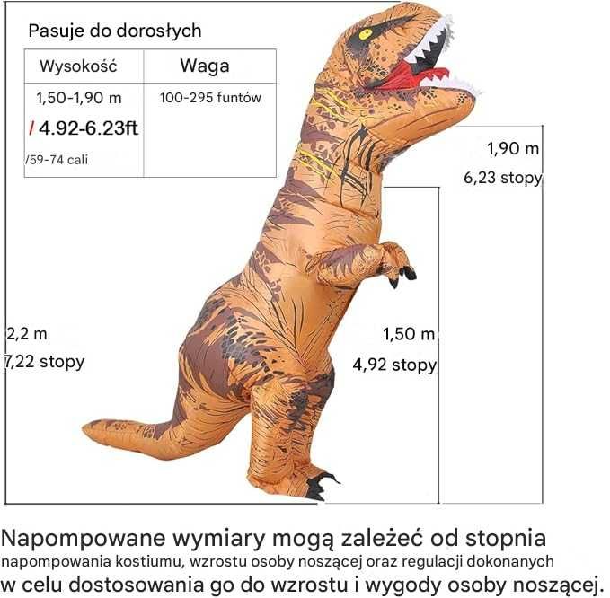 Kostium dinozaura dla dorosłych nadmuchiwany trex przebranie T-rex