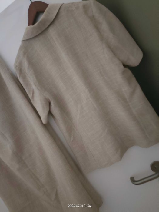 Piękny Komplet_ Beż/ Len_Spódnica Midi i Żakiet_40_Lux