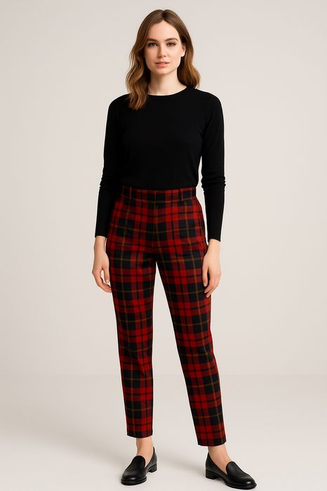 Czerwone Eleganckie damskie spodnie w krate