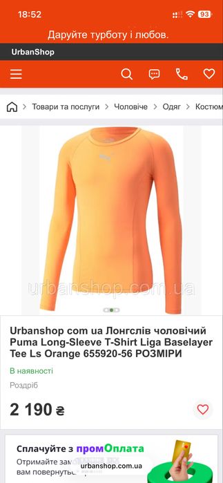 Лонгслів чоловічий Puma Long-Sleeve Orange