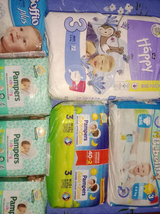 Підгузки дитячі Bella happy 3, pampers baby-dry 3, bebelino 3, soffio