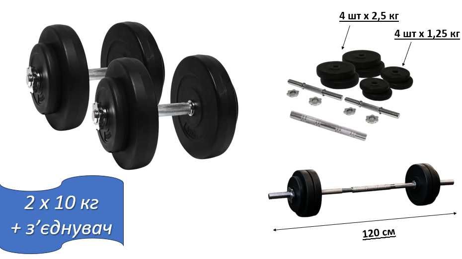 Гантелі 2 шт від 10 до 28 кг + перехідник для штанги Гриф сталь хром
