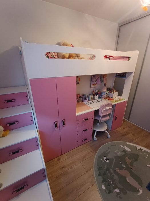 Łóżko piętrowe z biurkiem,szafą,szafkami i szufladami, dla dziewczynki