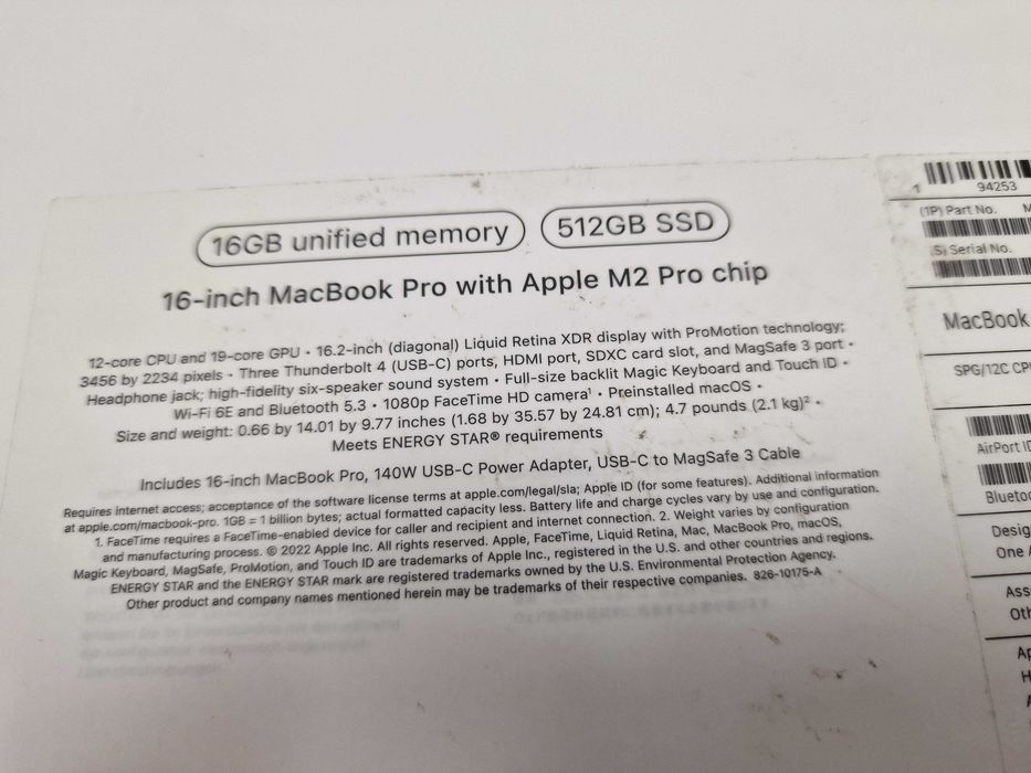 Macbook PRO 16 2023/ M2 PRO/ 16GB/ 512GB/ Space Gray/ 30 cykli/ Grad A