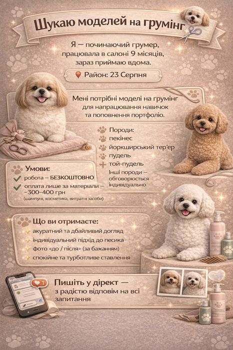 Ищу моделей на груминг 

Я начинающий грумер.
Работала в салоне 9