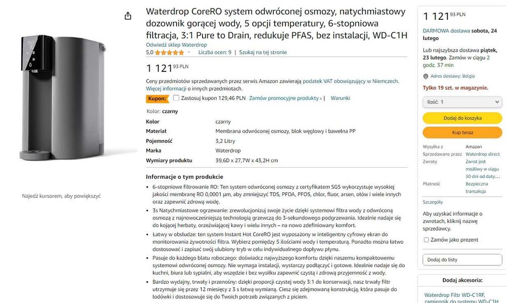 Dyspenser wody odwrócona osmoza z podgrzewaniem, nowy, nieużywany