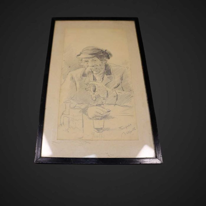 Rysunek ołówkiem postać mężczyzny w drewnianej ramie b6/012471