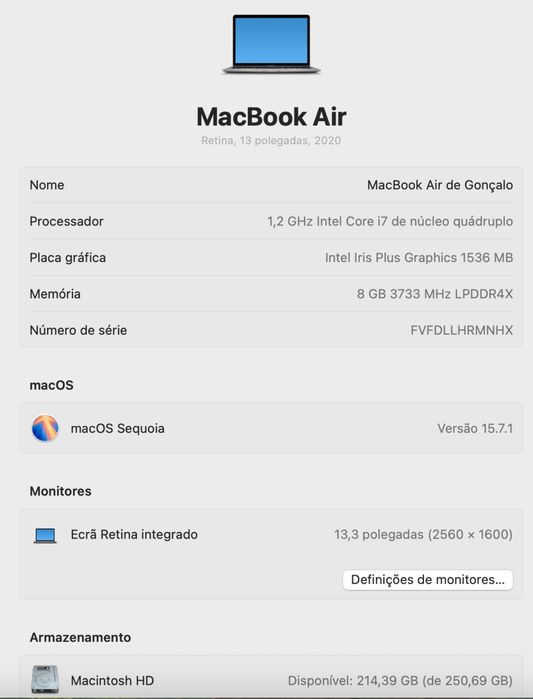 MacBook Air 13” (2020) – i7, 8GB RAM, 256GB SSD – Excelente estado!