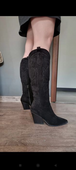 Kowbojki damskie 38 zamszowe czarne haftowane