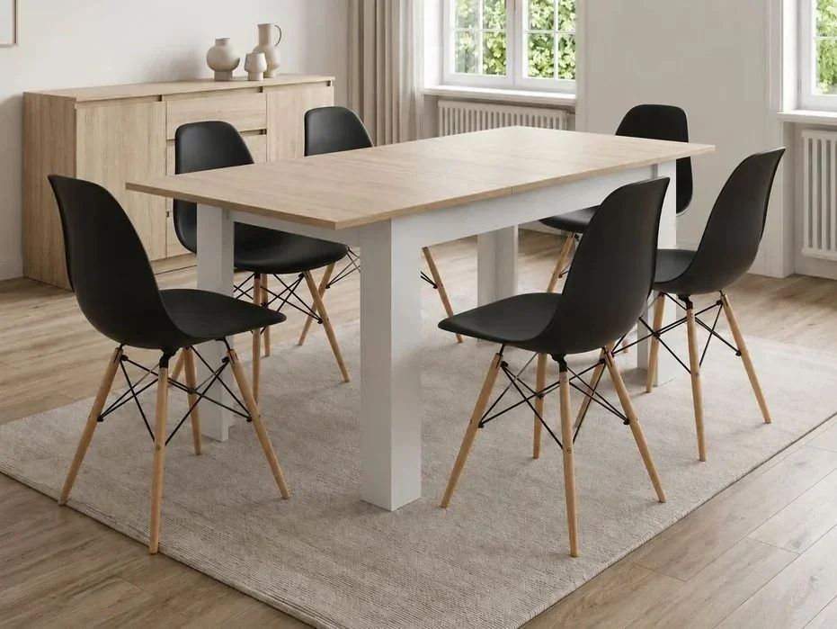 NOWY Stół Rozkładany 120/160x80 cm z Krzesłami Duży Do Domu Kuchni Jadalni Salonu Biały Dąb Sonoma Stół i Krzesła Kuchenny Zestaw Komplet Mebli OKAZJA