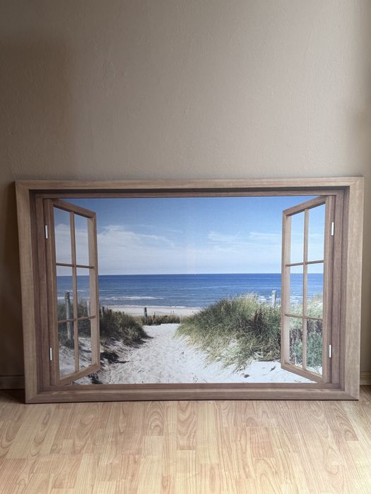 Duży Obraz 120x80 cm – Efekt Okna na Morze i Plażę