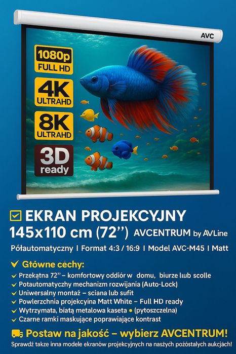 EKRAN PROJEKCYJNY ŚCIENNY AVC-M145 72" 145X110  AV Centrum Bydgoszcz