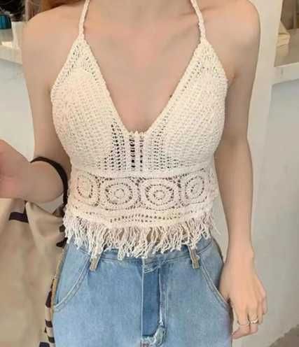 Top stanik boho haftowany beżowy lato