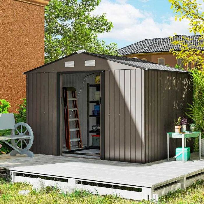Abrigo de Jardim Metálico 277x195x192 cm com Base
