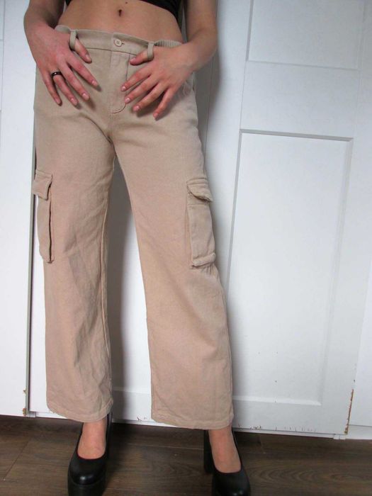Shein  spodnie bojówki wysoki stan szeroka nogawka cargo S 36 j NOWE