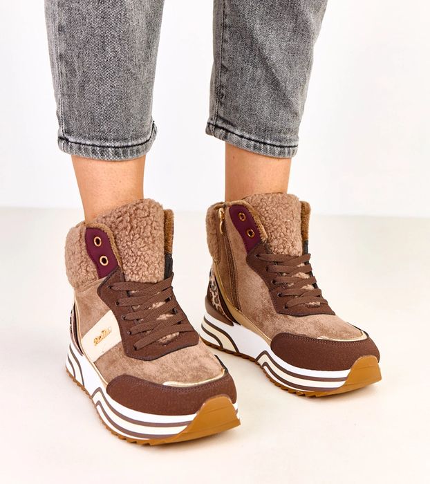 Brązowe sneakersy wysokie ocieplane z kożuszkiem Mirasen