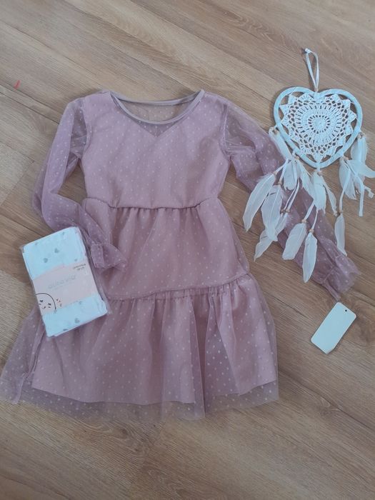 Sukienka brudny pudrowy róż 110 116 tiul rękawy kropeczki 6 lat