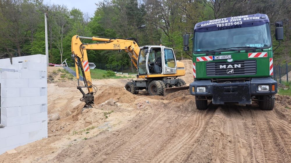 Roboty ziemne- równanie niwelacja terenu wykopy wyburzenia transport