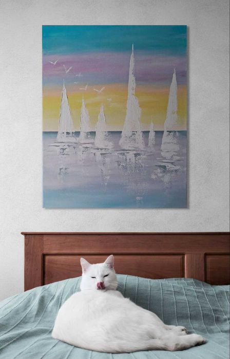 Obraz na płótnie ręcznie malowany akrylami Żaglówki o wschodzie słońca