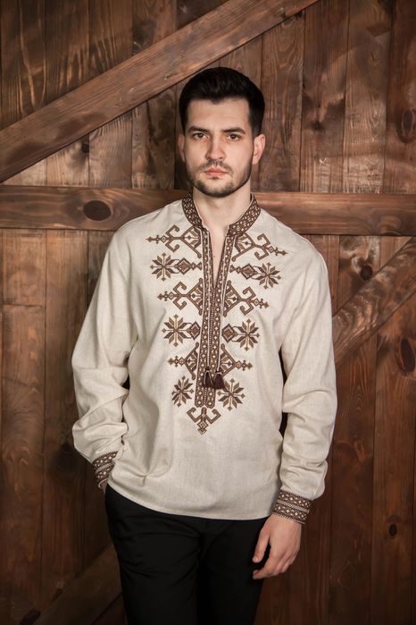 Чоловіча вишита сорочка вишиванка льон бежева • Мужская вышиванка лен