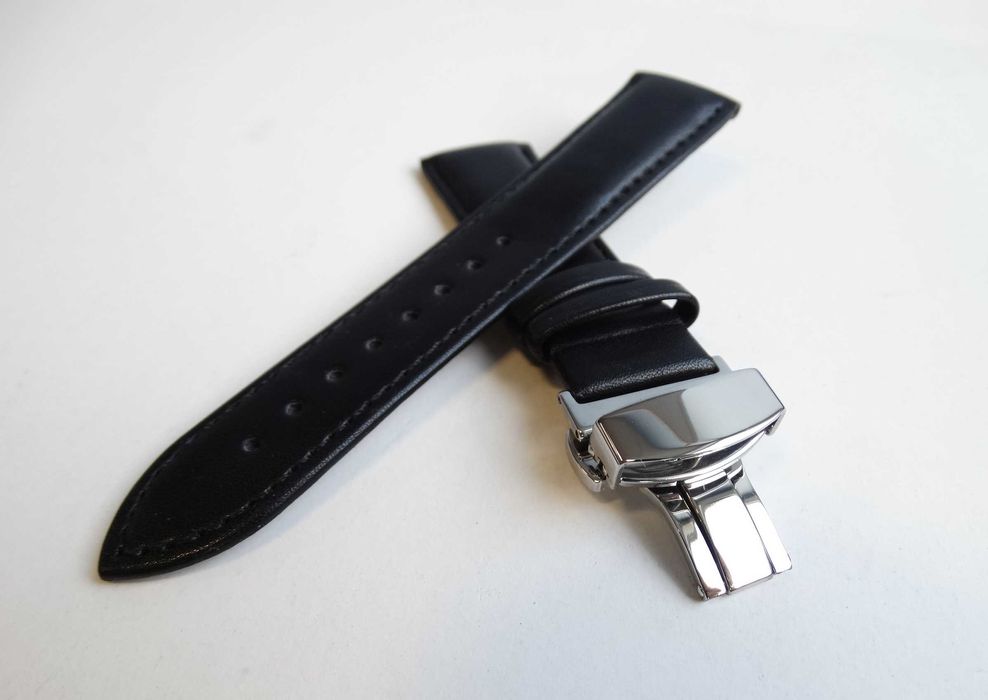Pasek skórzany gładki czarny 22mm do zegarka z klamrą motylkową