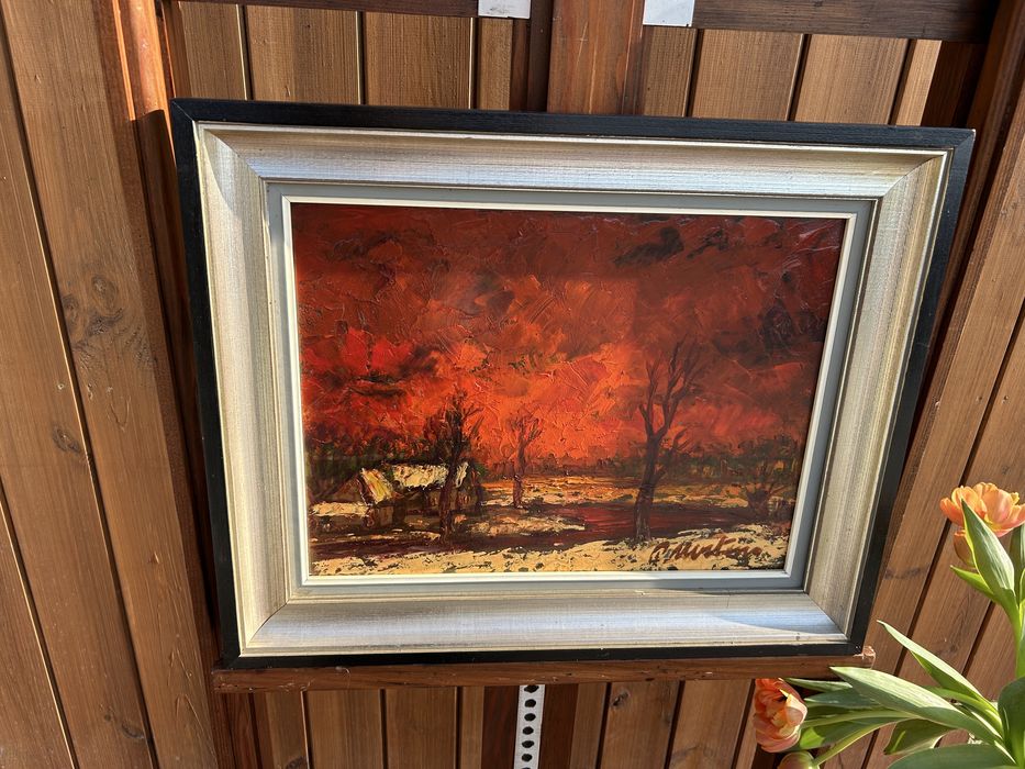 Obraz, jesienny pejzaż z chatą, czerwone niebo #9066 Stylowy Węgrów