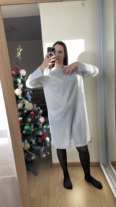 Срібляста нарядна сукня срібна вечірня XL міді платье серое новогоднее