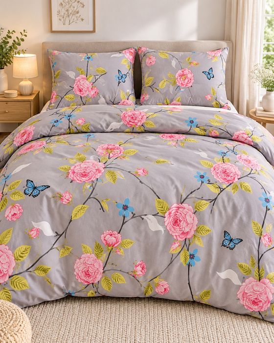 Pościel bawełniana 200 × 200 cm + 2 poszewki | 100% bawełna | Kwiaty