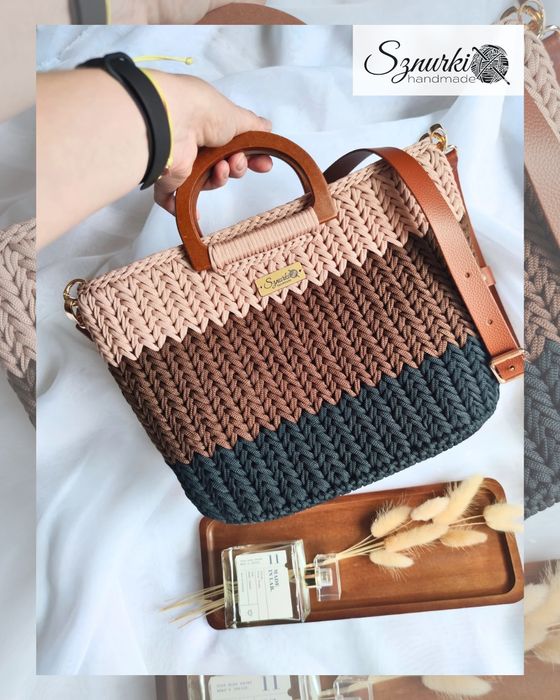 Torebka kuferek handmade szydełkowana drewniane uchwyty skóra naturaln