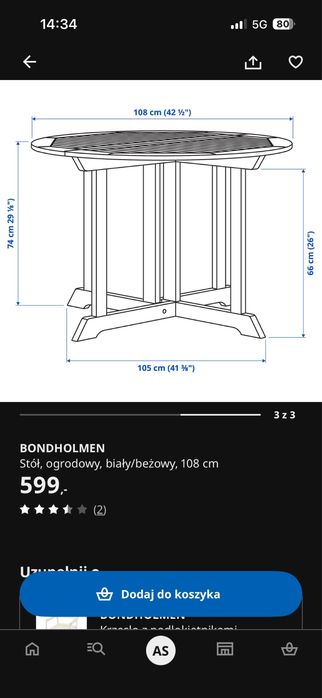 Sprzedam stół BONDHOLMEN  108 cm na balkon taras