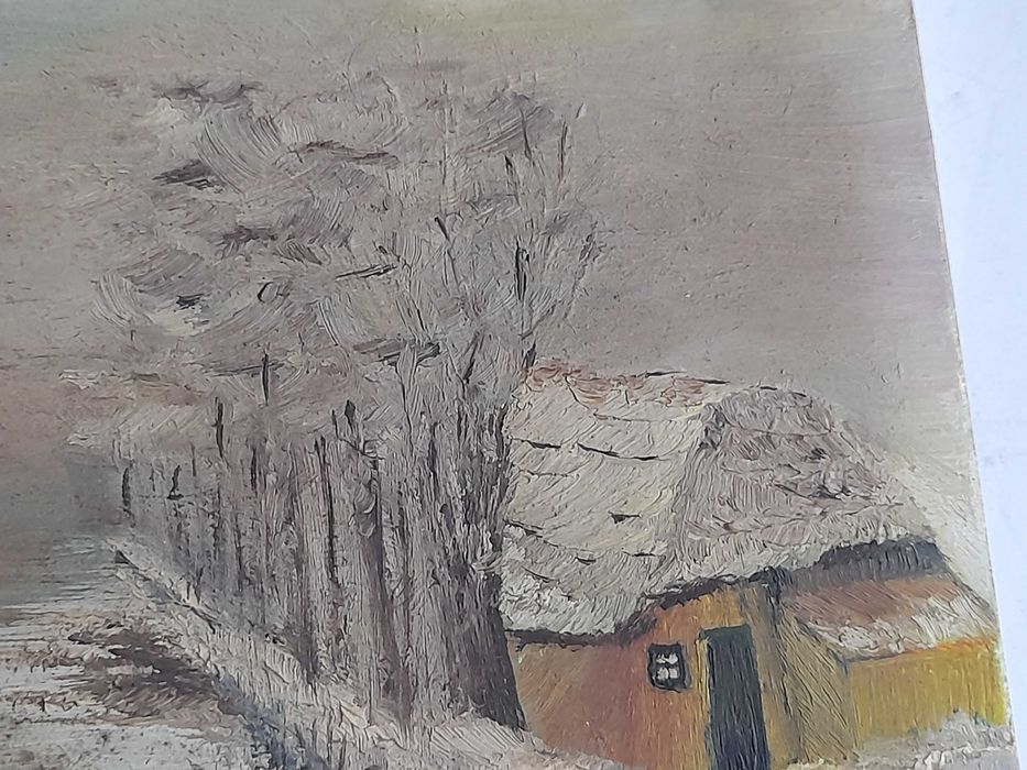 Obraz widok wsi nad rzeką (olej na płycie) 17,5 x 24 cm