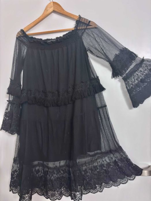 KORONKOWA sukienka z frędzlami odkryte ramiona M L