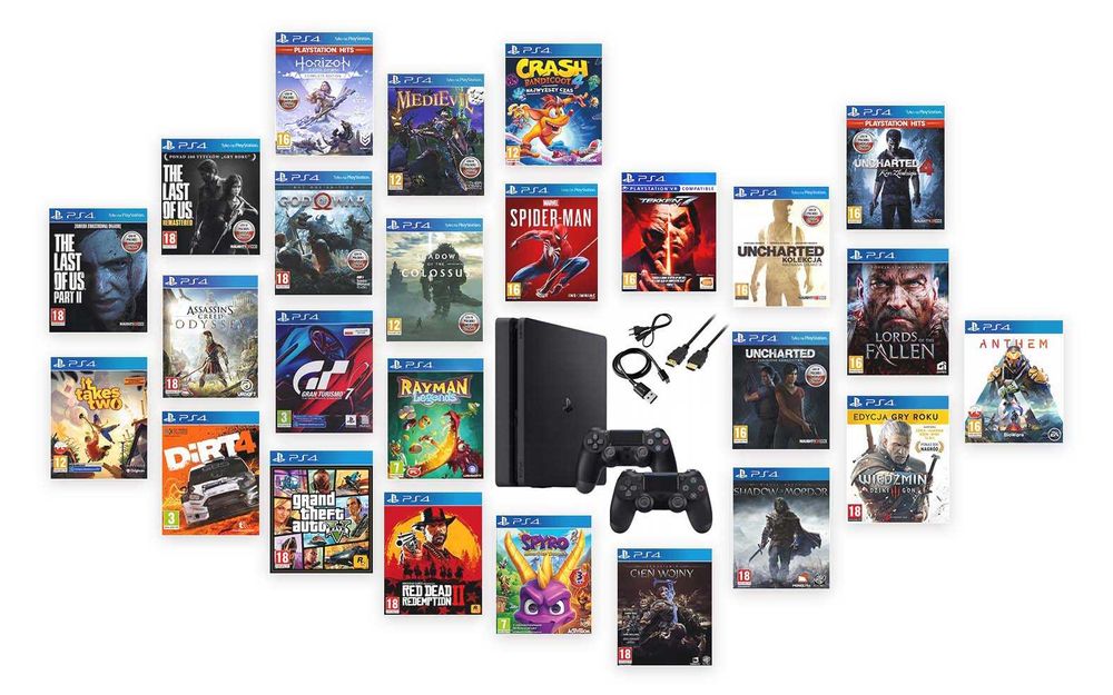 PS4 PlayStation 4 Slim 500GB stan idealny, dwa oryginalne pady 25 gier